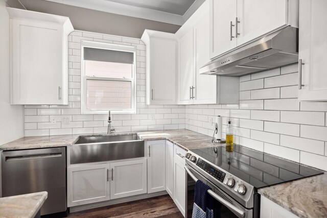 kitchen featuring white cabinetry, stainless steel appliances, sink, and tasteful backsplash