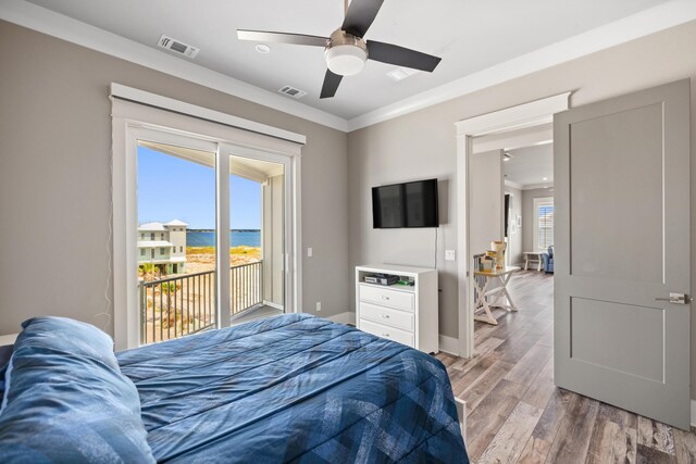 bedroom featuring crown molding, ceiling fan, wood-type flooring, and access to outside