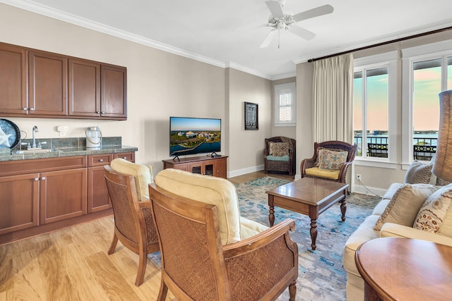 living room with light wood-type flooring, ceiling fan, crown molding, and sink