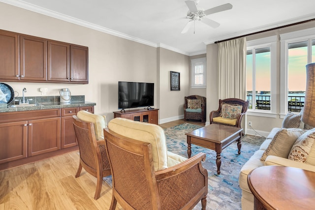 living room with ornamental molding, ceiling fan, sink, and light hardwood / wood-style floors