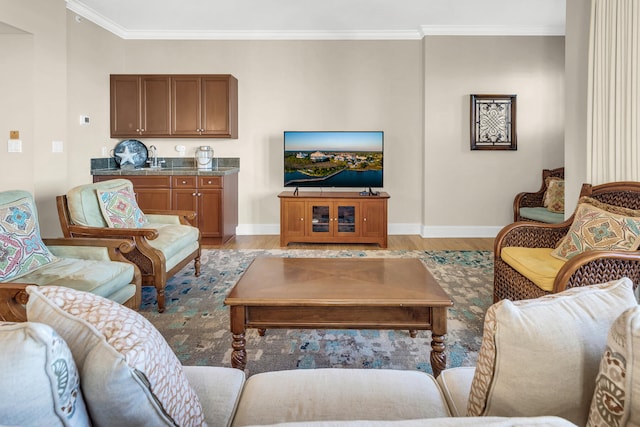 living room featuring ornamental molding and light hardwood / wood-style flooring