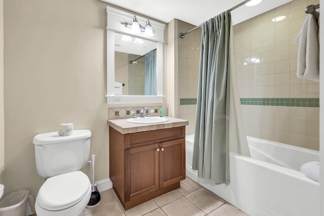 full bathroom with vanity, toilet, shower / tub combo, and tile patterned floors