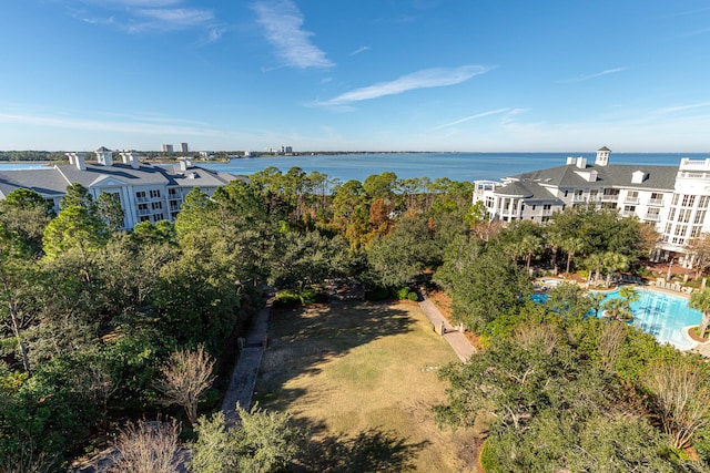 aerial view featuring a water view