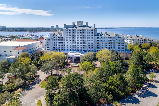 birds eye view of property featuring a water view