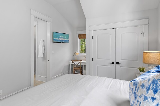 bedroom featuring lofted ceiling and a closet