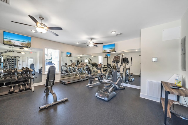 exercise room with visible vents, baseboards, and a ceiling fan