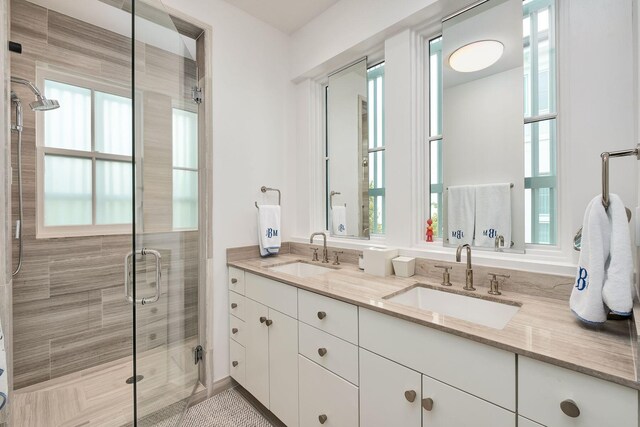 bathroom featuring vanity, an enclosed shower, and a wealth of natural light