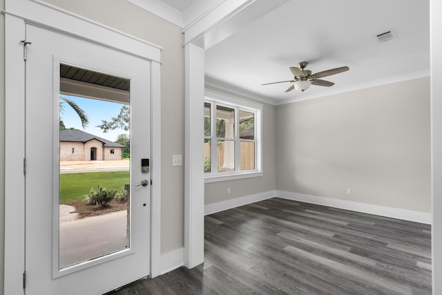 601 Third Ave, Destin, FL 32541 - foyer entrance with visible vents, ornamental molding, a ceiling fan, baseboards, and dark wood-style flooring