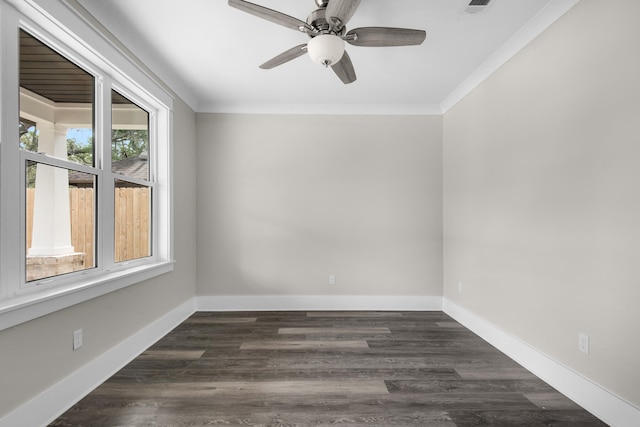 unfurnished room with ceiling fan, dark hardwood / wood-style flooring, and ornamental molding