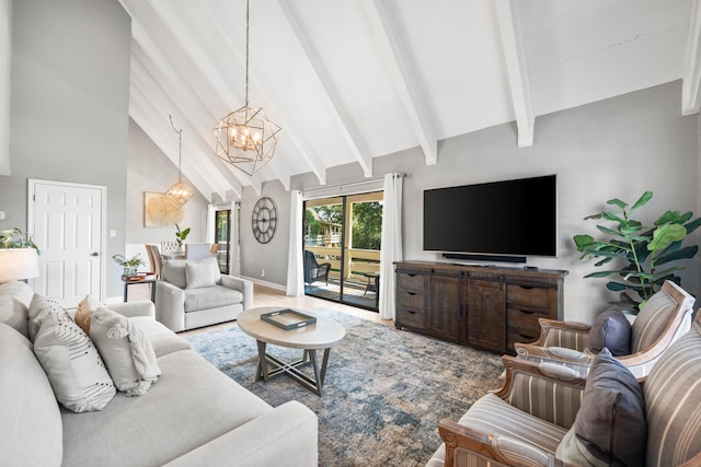 living room featuring beamed ceiling, a chandelier, and high vaulted ceiling