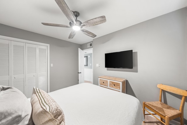 bedroom featuring ceiling fan and a closet