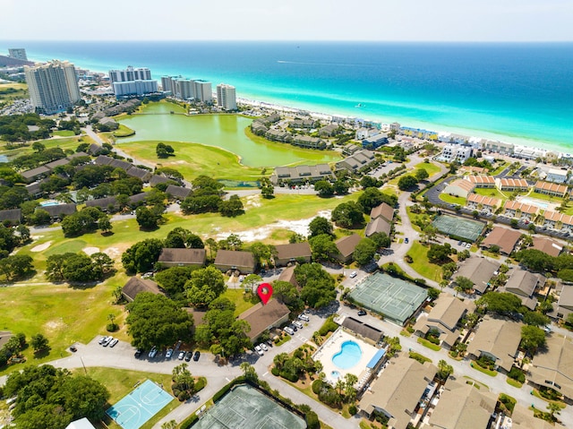 drone / aerial view with a water view