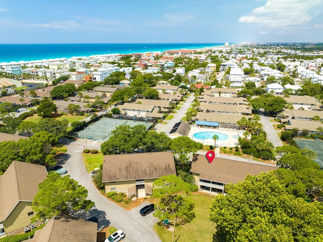 drone / aerial view featuring a water view