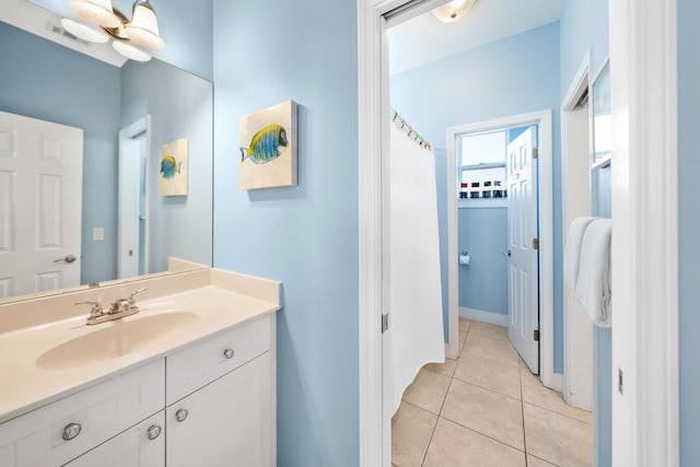 full bath with tile patterned floors and vanity