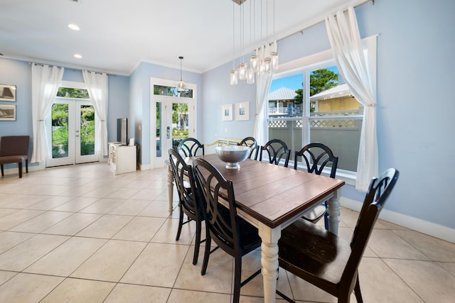 dining room featuring light tile patterned floors, baseboards, recessed lighting, ornamental molding, and french doors