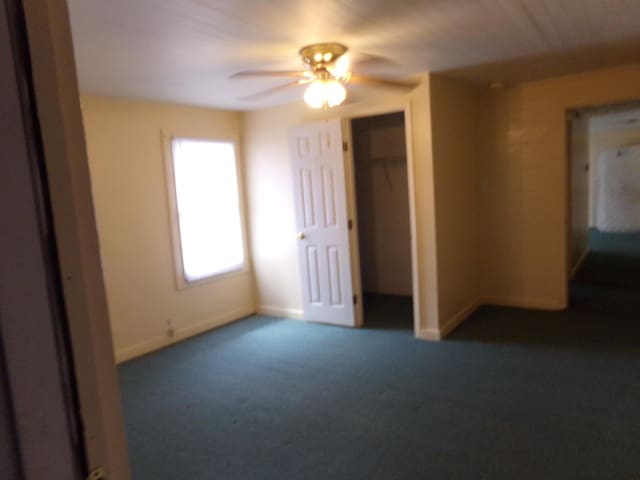 unfurnished bedroom featuring carpet flooring, ceiling fan, a closet, and a spacious closet