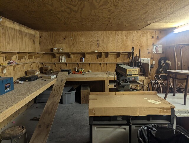 basement with a workshop area and wooden walls