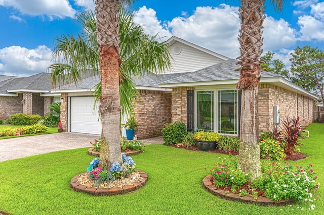 view of front of house with a front yard and a garage