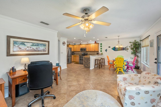 tiled office space featuring a textured ceiling, ceiling fan, and crown molding