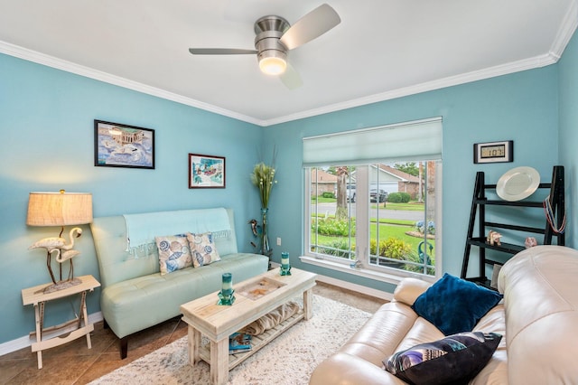 tiled living room with ceiling fan and crown molding