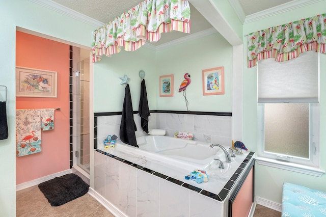 bathroom with plus walk in shower, a textured ceiling, tile patterned floors, and ornamental molding