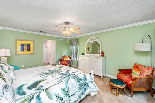 bedroom featuring ornamental molding, a textured ceiling, and ceiling fan