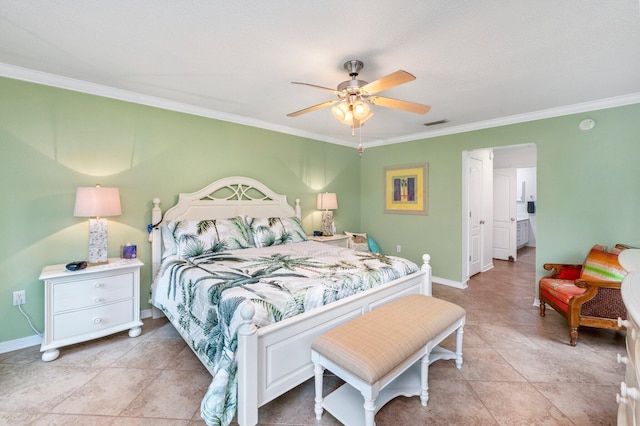 tiled bedroom with ornamental molding and ceiling fan