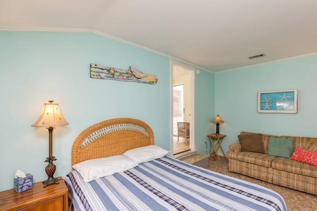 carpeted bedroom with visible vents, crown molding, and lofted ceiling