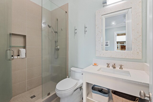 bathroom featuring vanity, toilet, and a shower with door