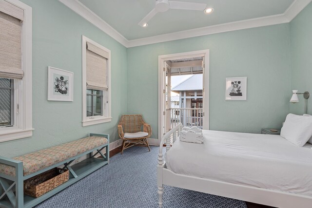 carpeted bedroom with crown molding and ceiling fan