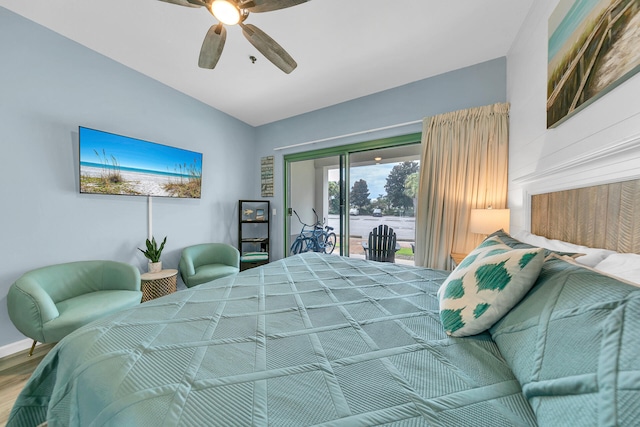 bedroom featuring ceiling fan, hardwood / wood-style flooring, and access to outside