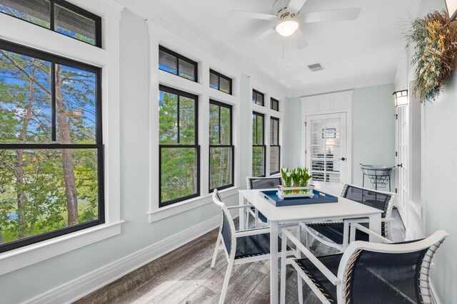 sunroom / solarium with ceiling fan and a healthy amount of sunlight