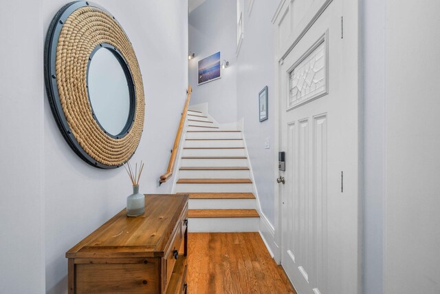 staircase with wood-type flooring