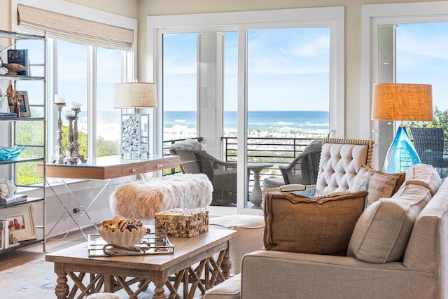 living room featuring a wealth of natural light, a water view, and wood finished floors