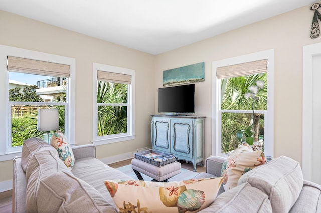 living room with a wealth of natural light, baseboards, and wood finished floors