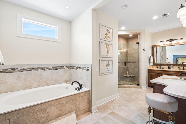 full bathroom with visible vents, recessed lighting, a stall shower, and a garden tub