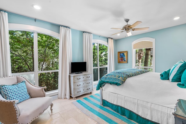 bedroom with recessed lighting and a ceiling fan