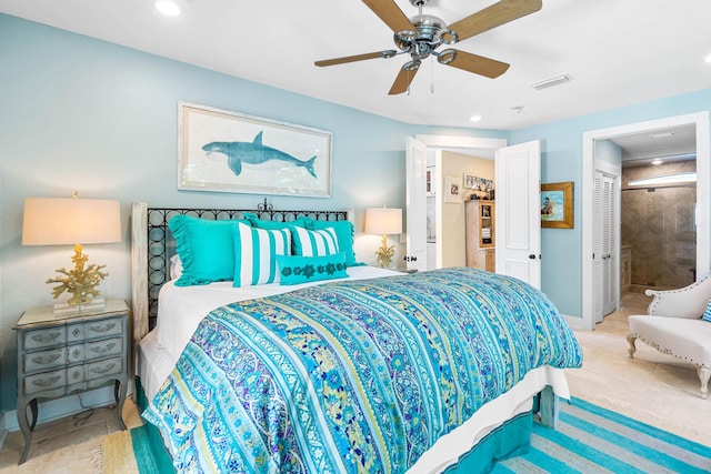 bedroom featuring recessed lighting, visible vents, and ceiling fan
