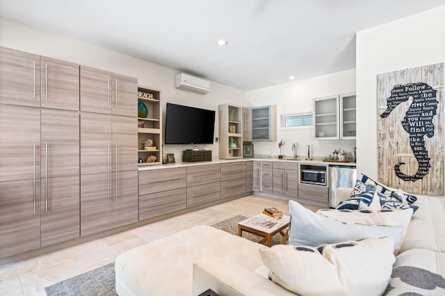 living room featuring wet bar and an AC wall unit