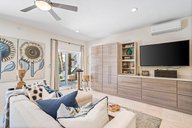 tiled living room with ceiling fan and a wall unit AC