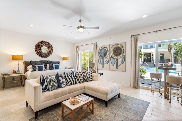 bedroom featuring recessed lighting, baseboards, a ceiling fan, and access to outside