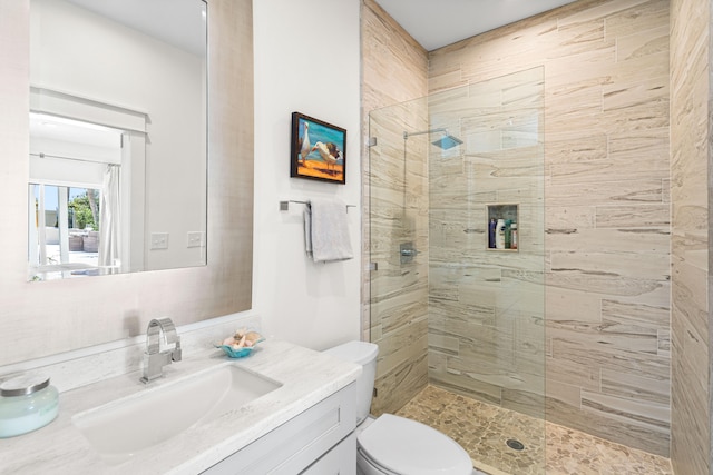 bathroom with vanity, toilet, and a tile shower