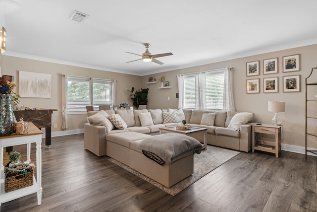 living room with ornamental molding, dark hardwood / wood-style flooring, plenty of natural light, and ceiling fan