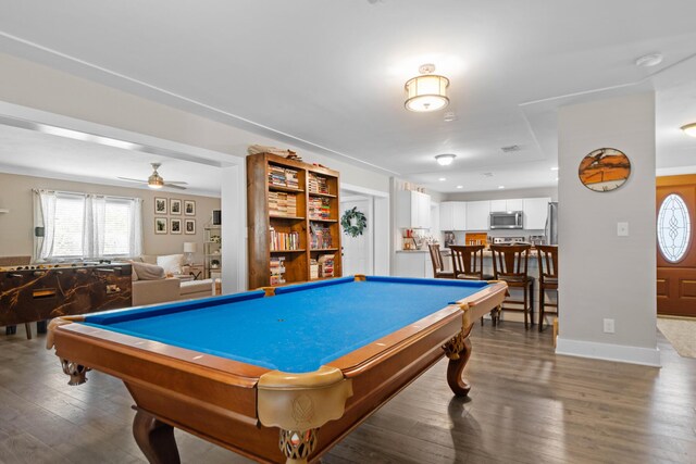 game room with billiards, dark hardwood / wood-style floors, and ceiling fan