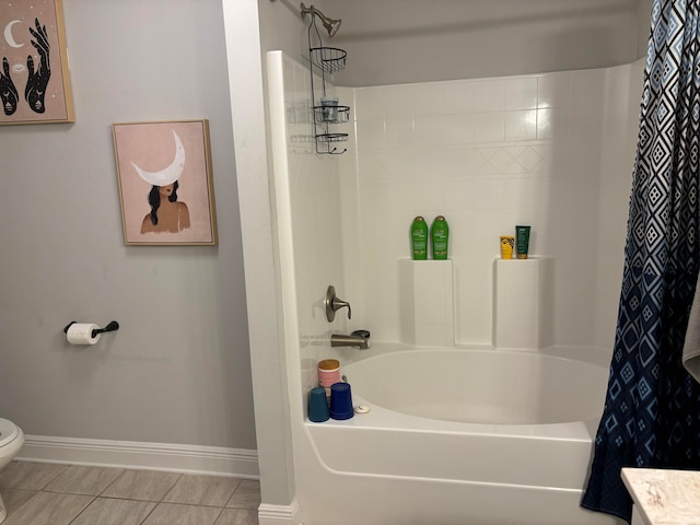 full bathroom featuring vanity, tile patterned flooring, toilet, and shower / bathtub combination with curtain