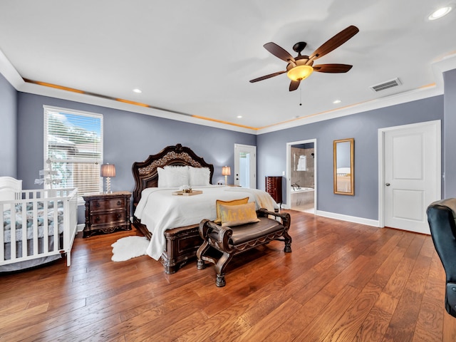 bedroom featuring baseboards, visible vents, recessed lighting, ornamental molding, and wood-type flooring