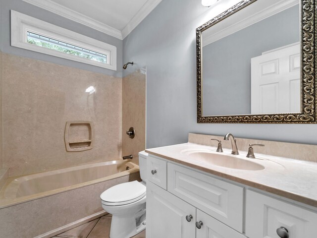 full bathroom featuring tile patterned flooring, crown molding, shower / bath combination, toilet, and vanity