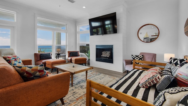 living room with a wealth of natural light, a fireplace, crown molding, and hardwood / wood-style flooring