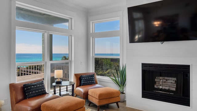 living area with a large fireplace, plenty of natural light, and crown molding