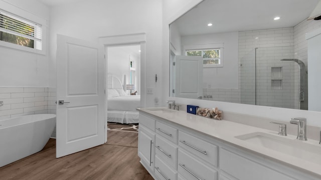 bathroom with separate shower and tub, plenty of natural light, vanity, and wood-type flooring